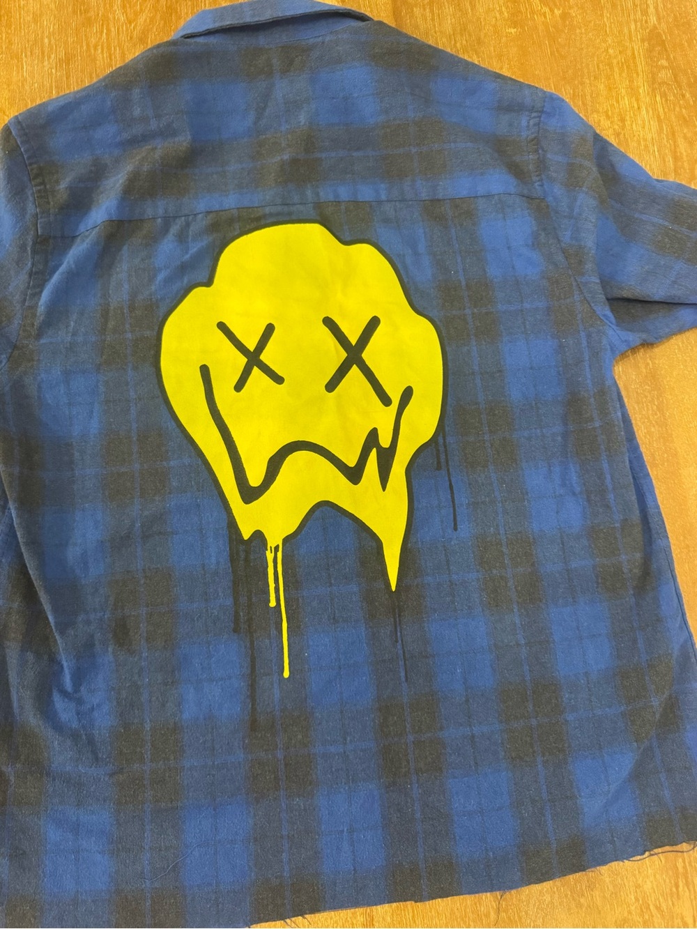 Boohoo Blue and Black Plaid Button-Down with Yellow Drip Graphic